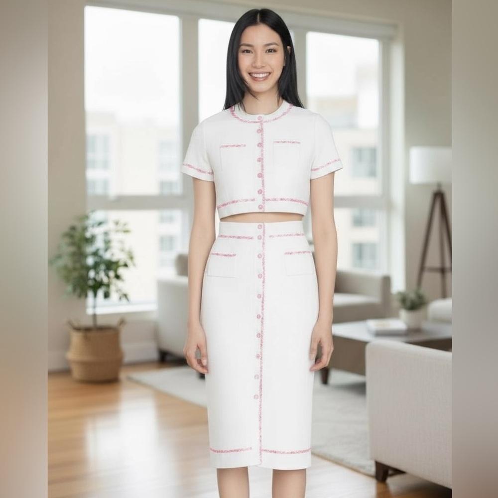 NWT! SANDRO Elsa Ecru Elegant White Skirt Suit Pink Rhinestone Trim Fits U.S. 8 - Picture 6 of 6